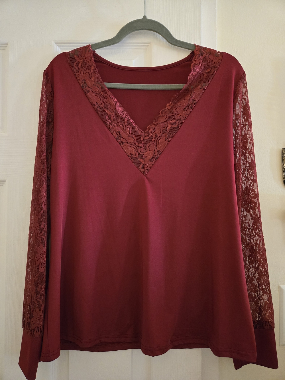 SHEIN Burgundy Lace V-Neck Long Sleeve Top